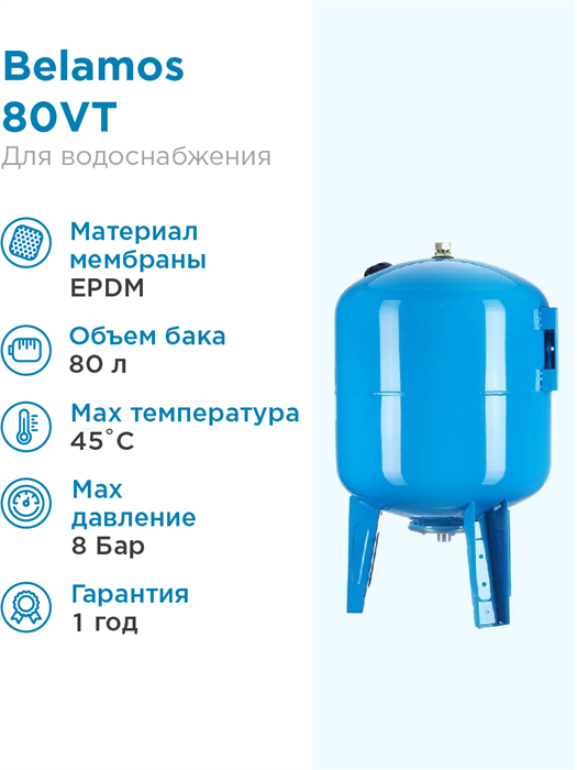 Гидроаккумулятор для водоснабжения 80л BELAMOS 80VT синий, вертикальный БЕЛАМОС - фото 15572
