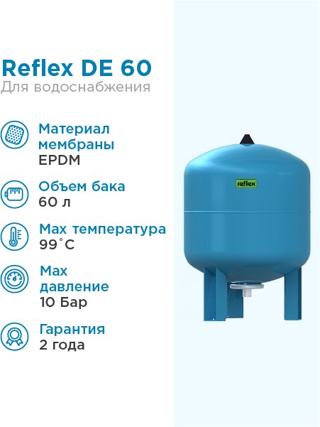 Гидроаккумулятор Reflex DE 60, PN10, R1", V  60 л, Т до 70 гр.С D 409мм, - фото 17103
