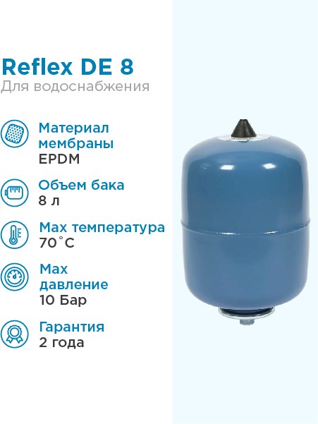 Гидроаккумулятор Reflex DE 8, PN10, G 3/4", Т до 70 гр.С (D 206мм, Н 320мм) - фото 17107